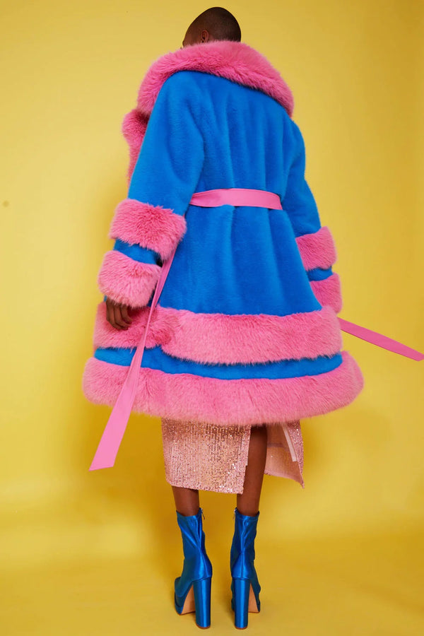 Handmade Bamboo Pink - Blue Faux Fur Coat-3