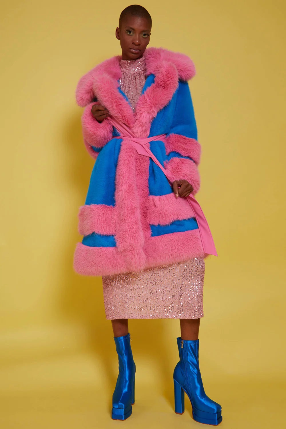 Handmade Bamboo Pink - Blue Faux Fur Coat-0