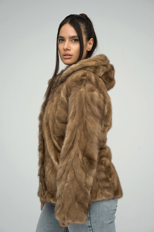 Taupe Genuine Hooded Mink Fur Coat-2