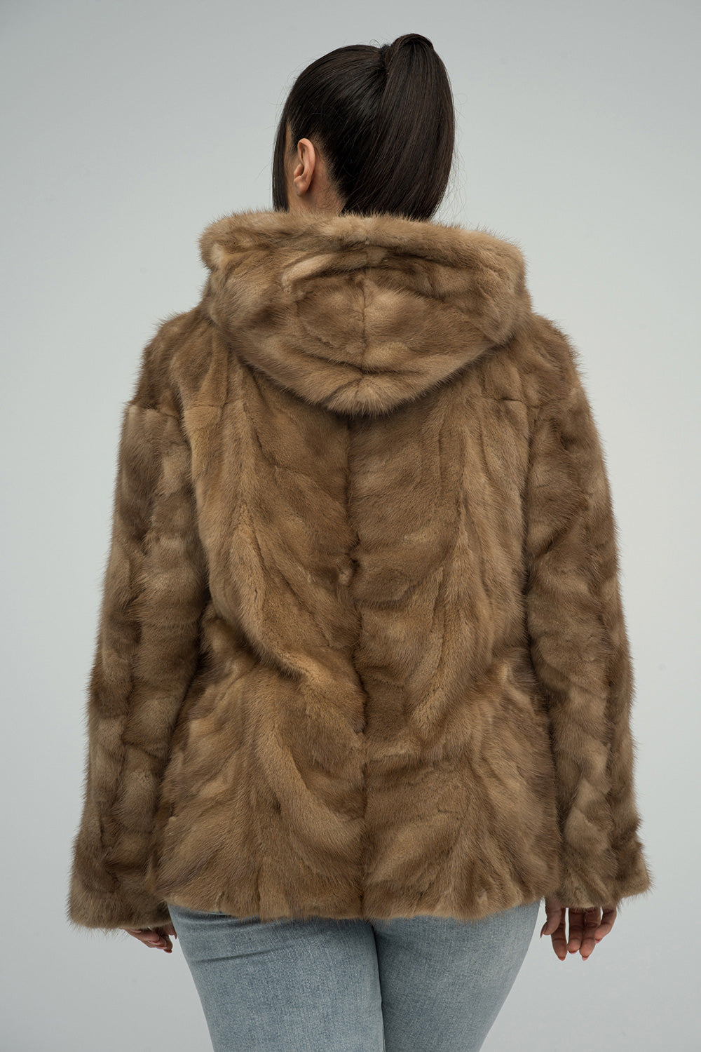 Taupe Genuine Hooded Mink Fur Coat-1