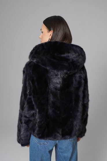 Navy Blue Hooded Nutria Mink Fur Coat-1