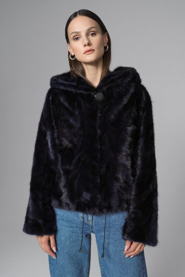 Navy Blue Hooded Nutria Mink Fur Coat-2