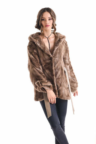 Taupe Hooded Genuine Mink Fur Coat with Leather Belt-2