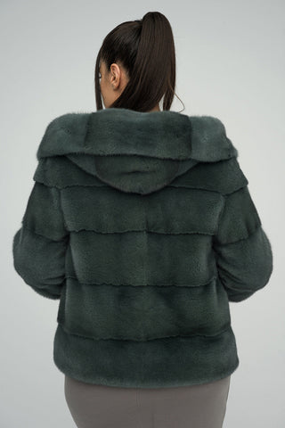 Olive Genuine Hooded Mink Fur Coat-1