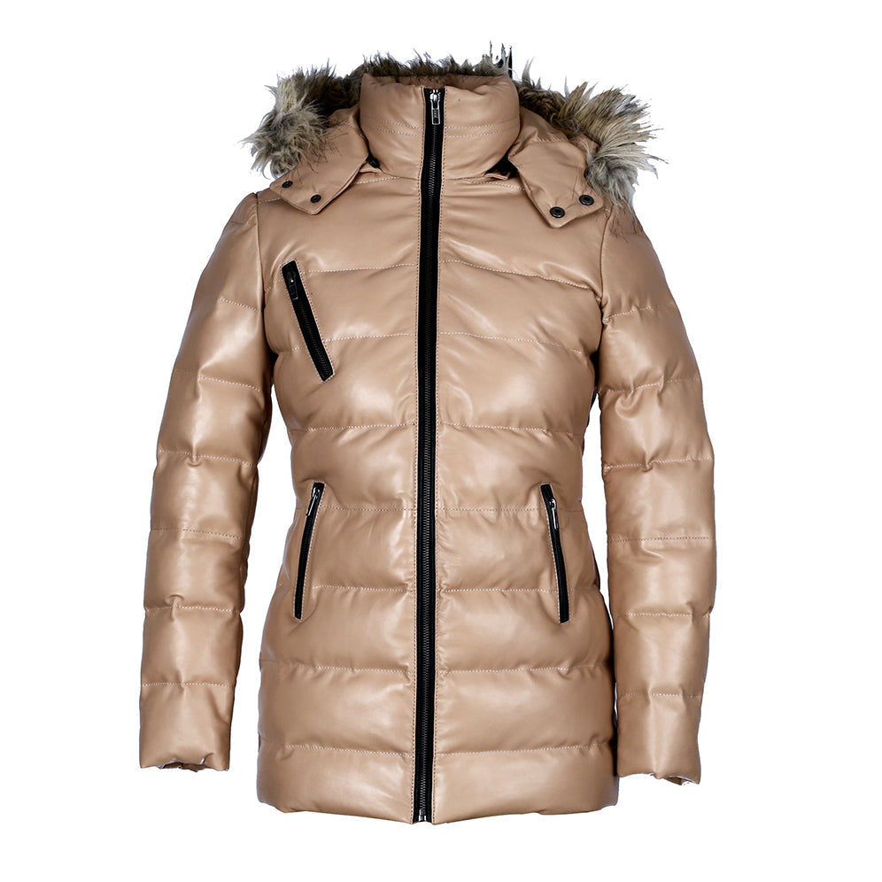 Womens Selina Puffer Leather Jacket with Fur Hoodie (Tan)-0