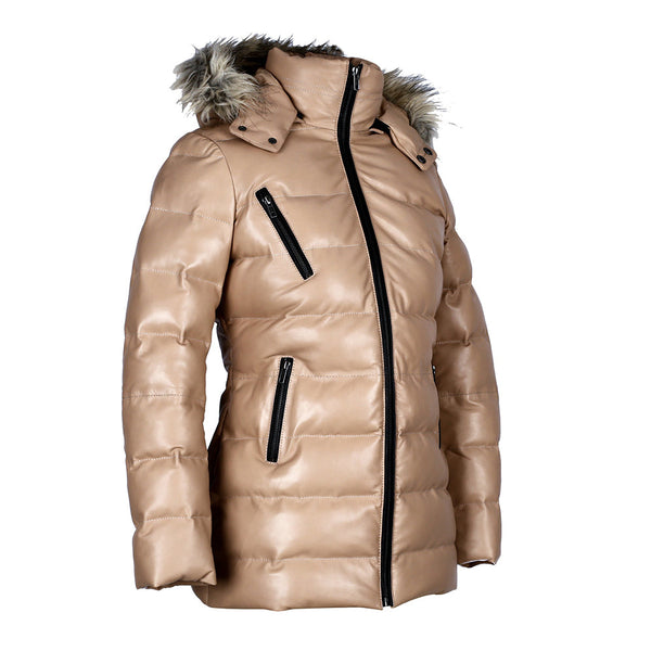 Womens Selina Puffer Leather Jacket with Fur Hoodie (Tan)-1