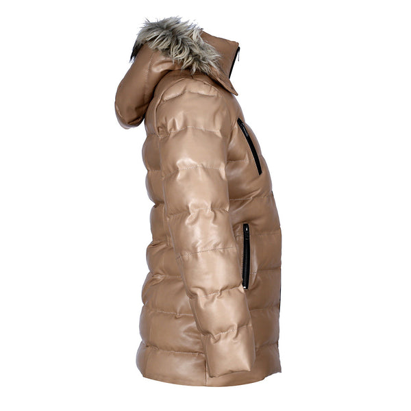 Womens Selina Puffer Leather Jacket with Fur Hoodie (Tan)-2