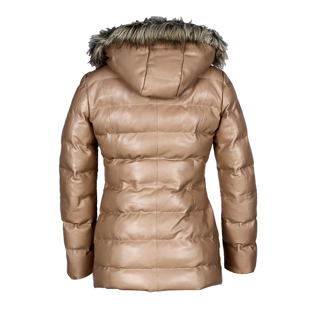 Womens Selina Puffer Leather Jacket with Fur Hoodie (Tan)-3