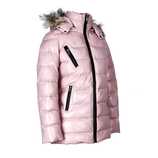 Womens Selina Puffer Leather Jacket with Fur Hoodie (Pink)-1