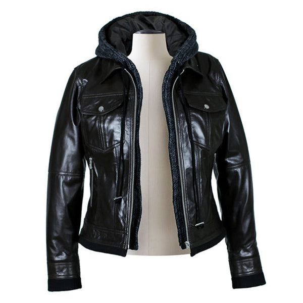 Riley Womens Wax Leather Jacket with Hoody-3