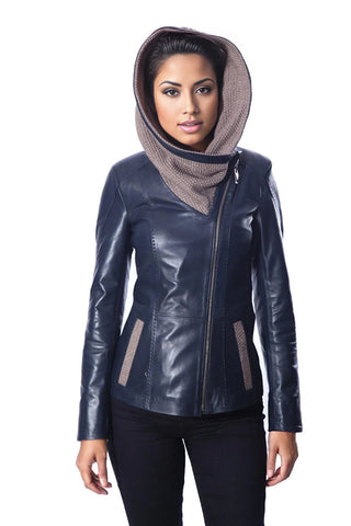 Janno Womens Leather Jacket with Cape Style Tricko Hoodie-1