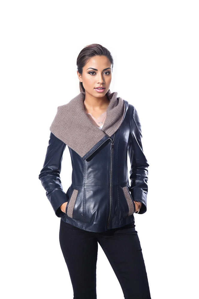 Janno Womens Leather Jacket with Cape Style Tricko Hoodie-5