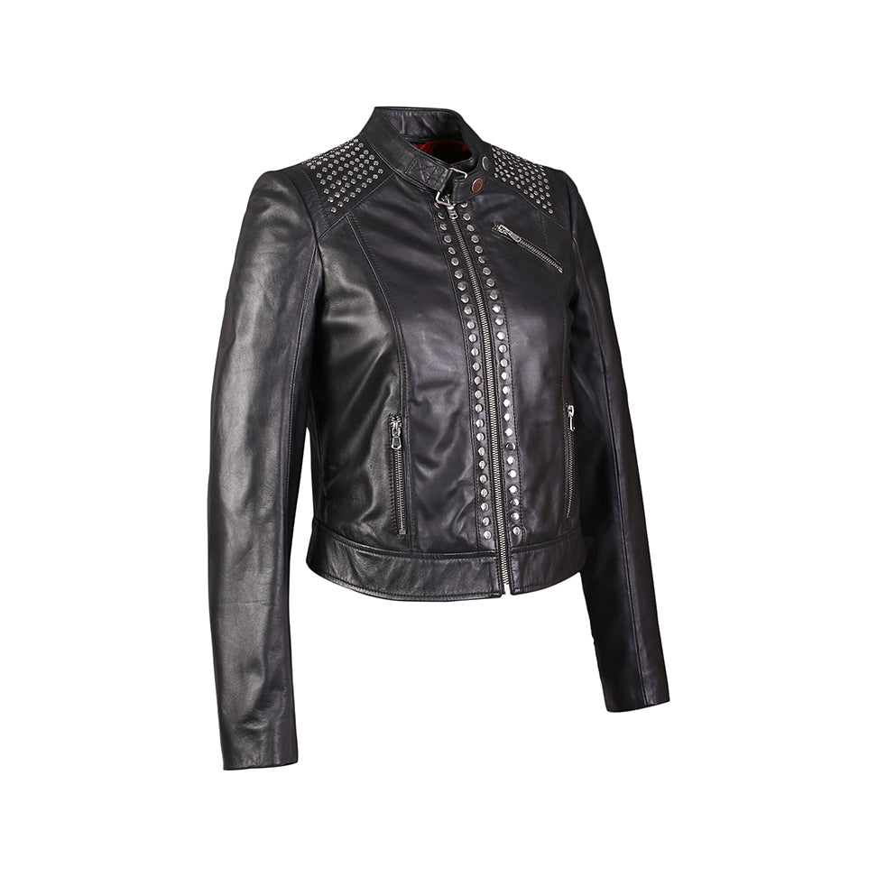 Jesse Womens High Fashion Riveted Moto Leather Jacket-1