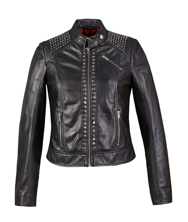 Jesse Womens High Fashion Riveted Moto Leather Jacket-0