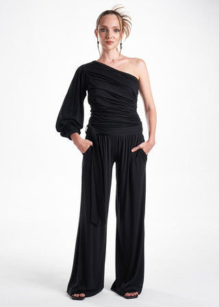 Black Knit Two-Piece Outfit With An Asymmetrical One-Sleeve Blouse And Palazzo Pants-3