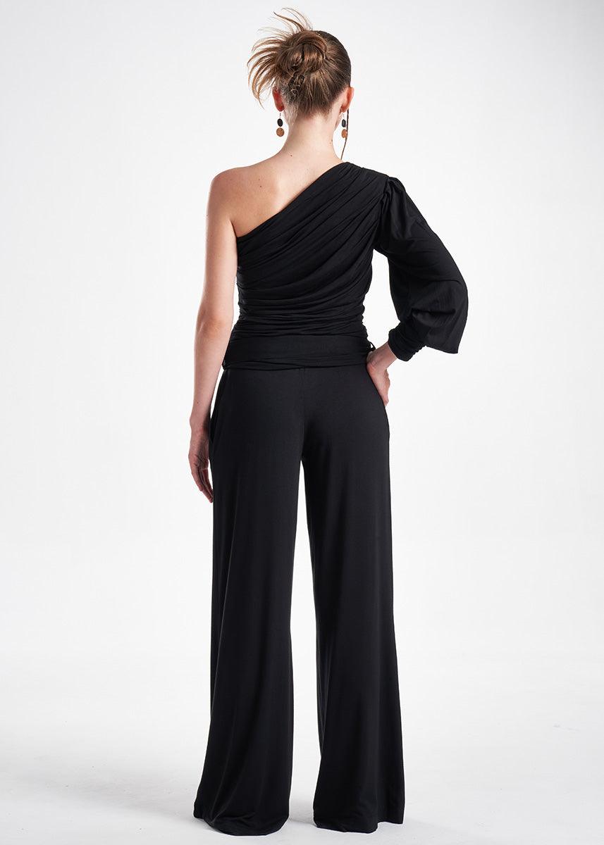 Black Knit Two-Piece Outfit With An Asymmetrical One-Sleeve Blouse And Palazzo Pants-2