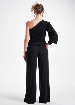 Black Knit Two-Piece Outfit With An Asymmetrical One-Sleeve Blouse And Palazzo Pants-2