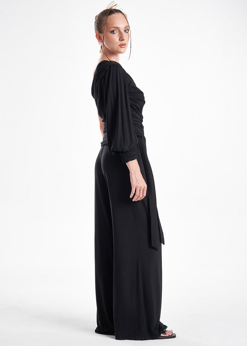 Black Knit Two-Piece Outfit With An Asymmetrical One-Sleeve Blouse And Palazzo Pants-4