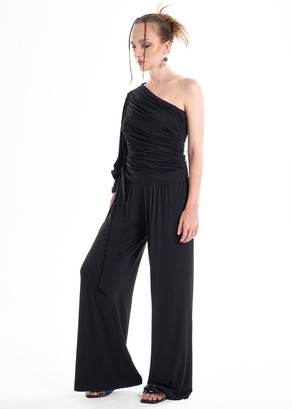 Black Knit Two-Piece Outfit With An Asymmetrical One-Sleeve Blouse And Palazzo Pants-0