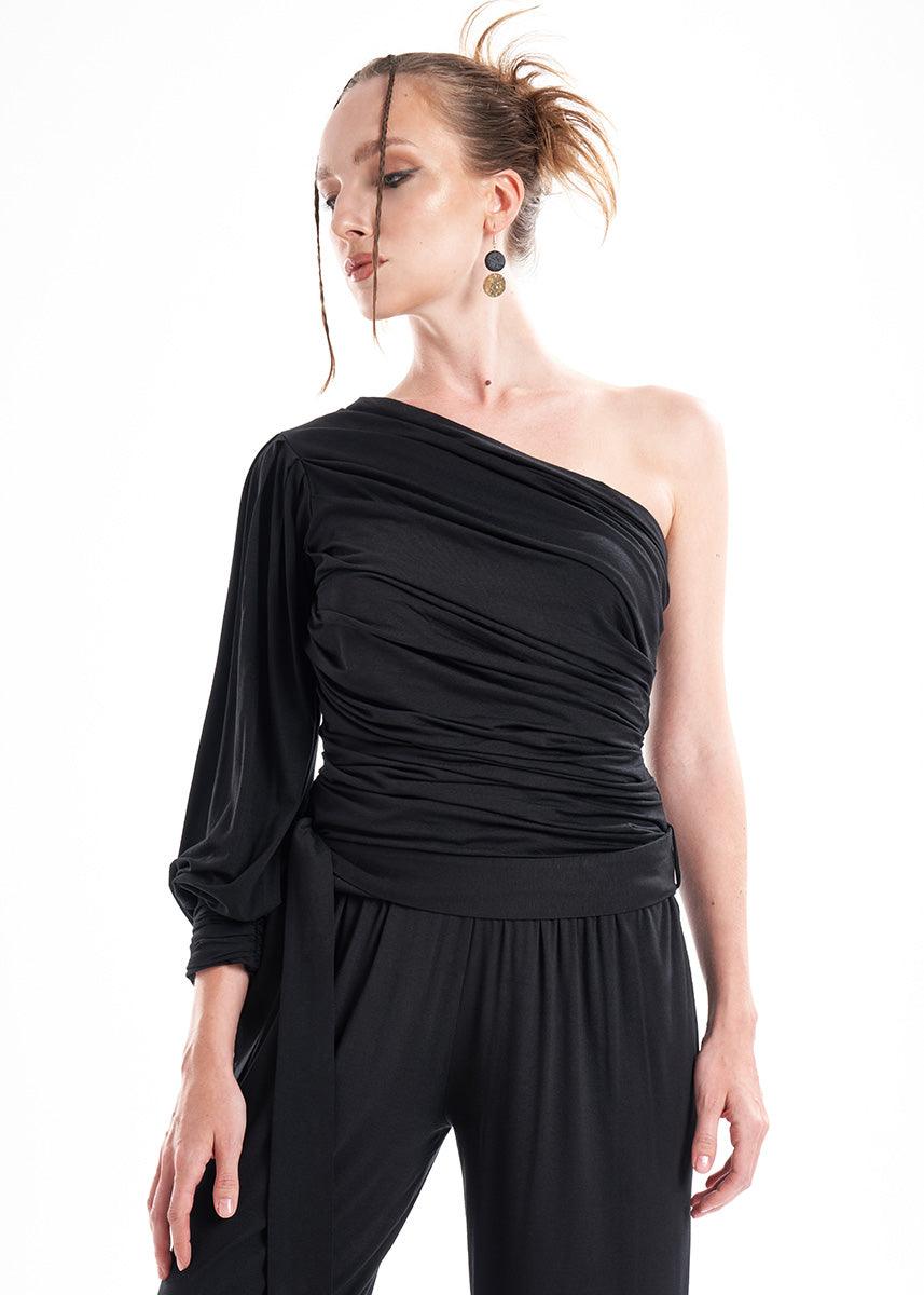 LavaNera One Shoulder Black Jersey Viscose Blouse-2