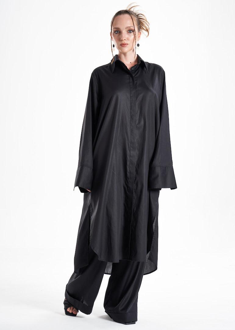 Lightweight And Breathable
Deep Black Set With Maxi Button Down And Palazzo Pants-0