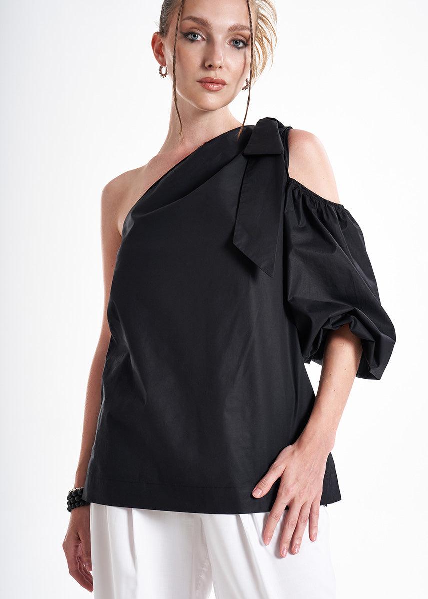 Amuri One Shoulder Black Premium Poplin Blouse-0