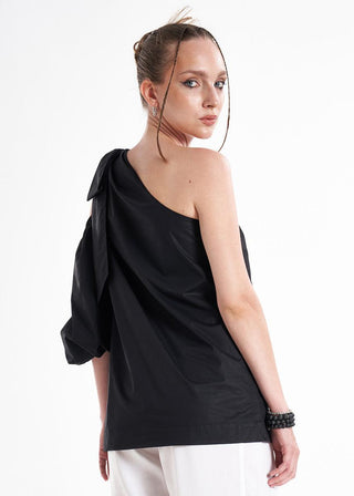 Amuri One Shoulder Black Premium Poplin Blouse-2