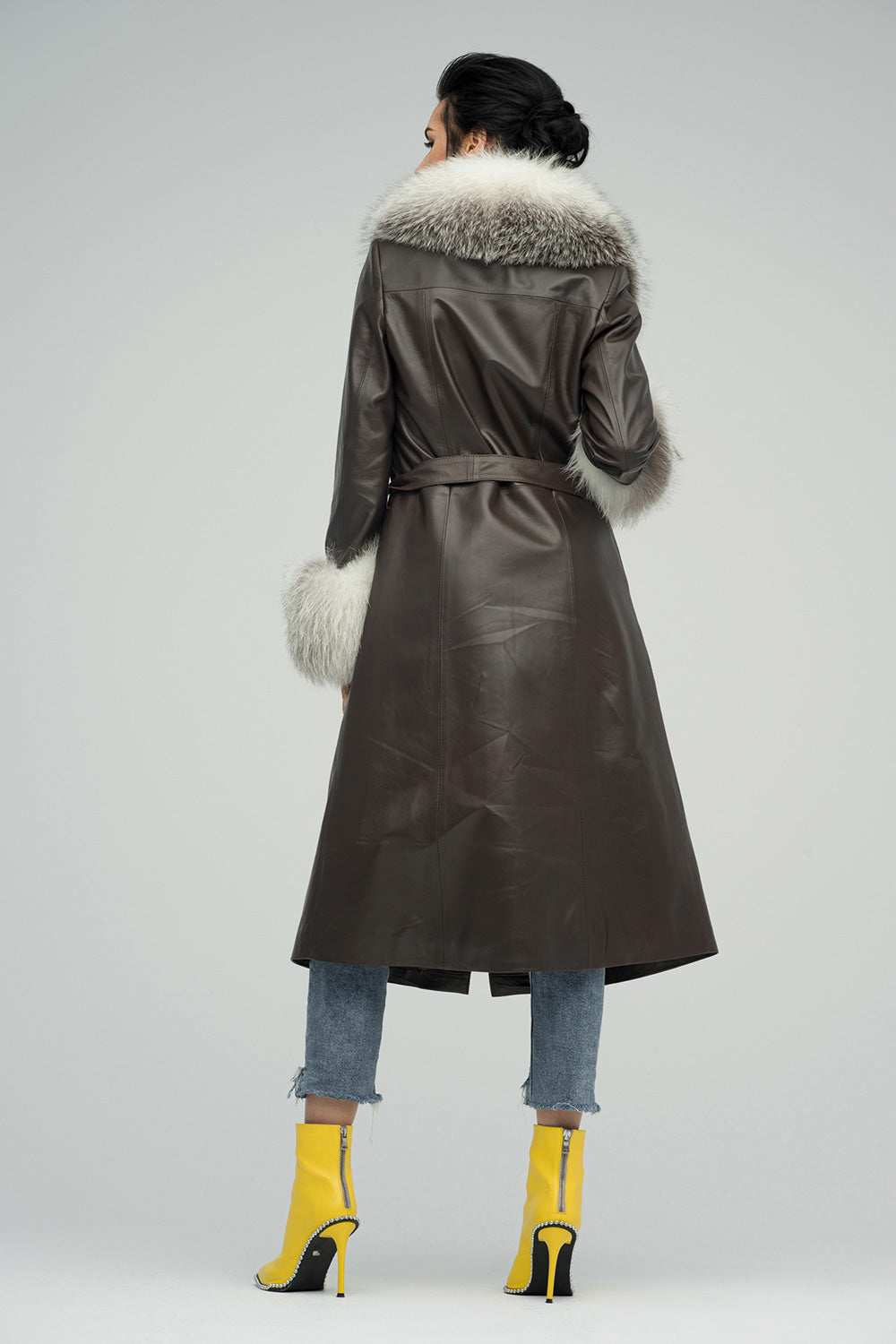 Brown Genuine Maxi Lambskin Overcoat with Arctic Fox Fur Collar and Cuffs-1