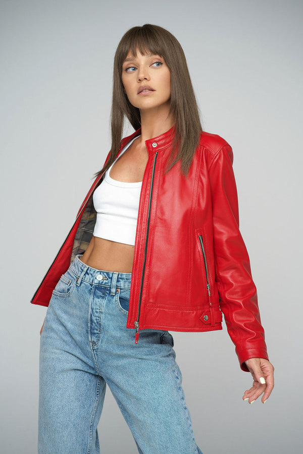 Red Genuine Cropped Leather Jacket-2