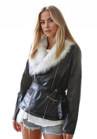 LeAnne Womens Faux Fur Real Leather Jacket-0