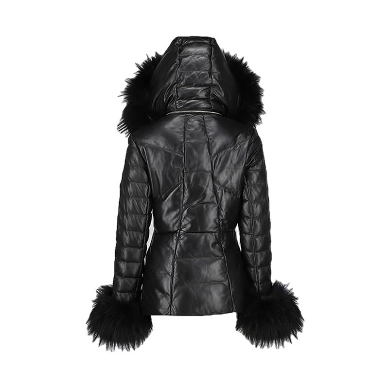 Mardi Gras Womens Fur Hooded Leather Jacket-2