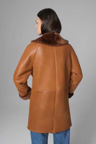 Cognac Lambskin Midi Coat with Merino Fur Collar-1