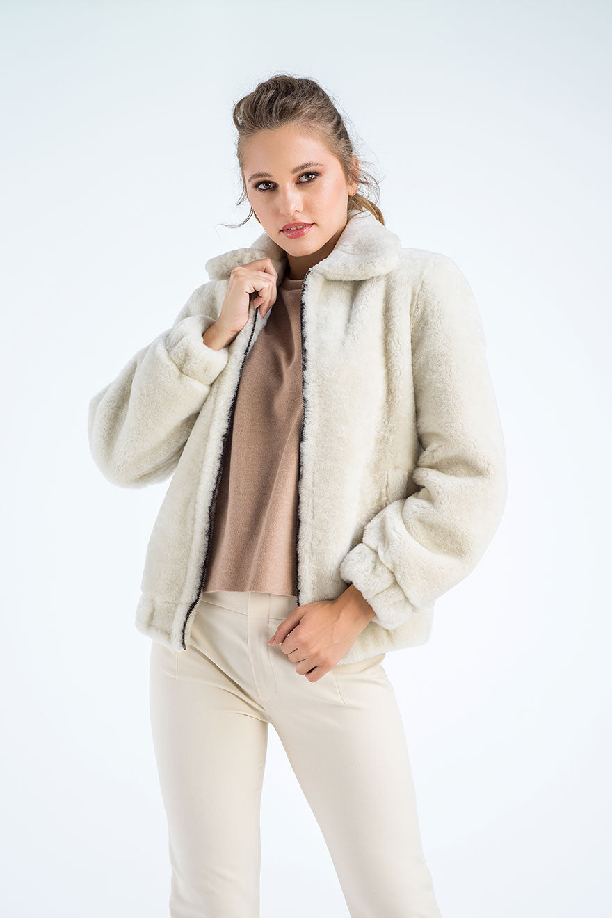 Cream Lamb Sheepskin Merino Fur Jacket-3