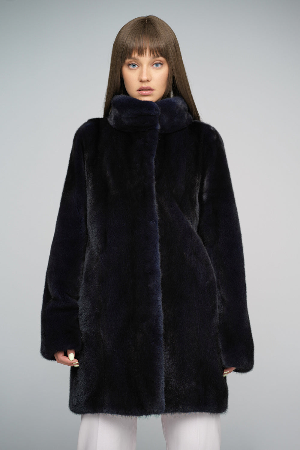 Navy Blue Genuine Mink Fur Midi Coat-2