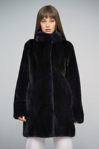 Navy Blue Genuine Mink Fur Midi Coat-2