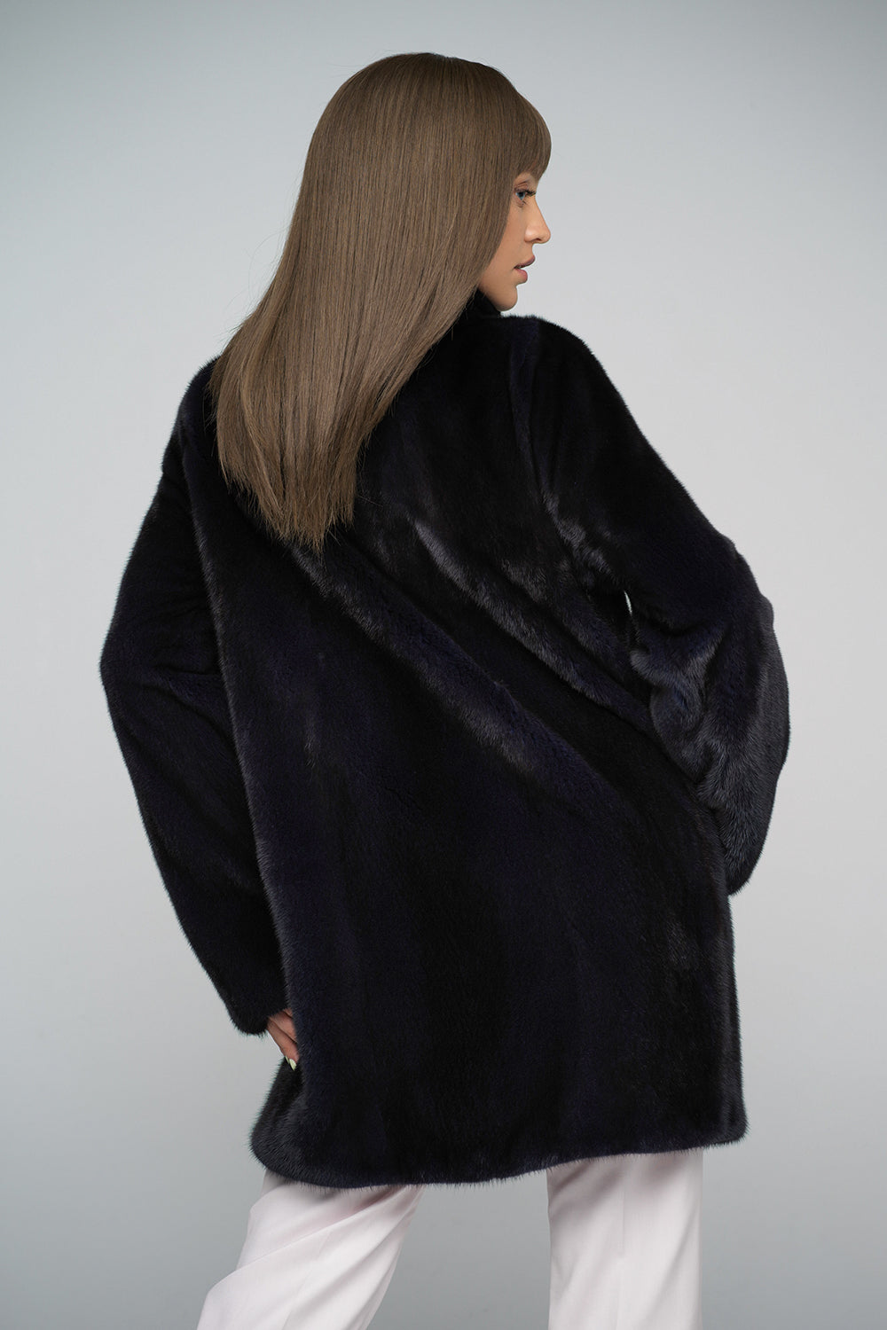 Navy Blue Genuine Mink Fur Midi Coat-1