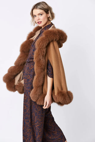 Mocha Cashmere Hooded and Fox Fur Cape Coat-1