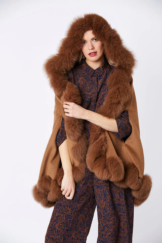 Mocha Cashmere Hooded and Fox Fur Cape Coat-2