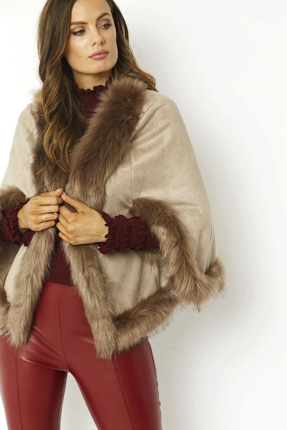 Mocha Faux Fur Suede Cape Jacket-2