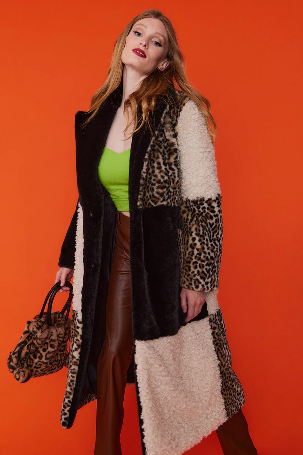 Mocha Faux Fur and Faux Shearling Maxi Coat-2