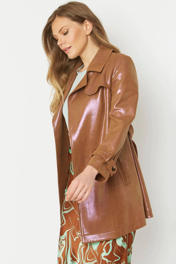 Mocha Metallic Faux Suede Trench Coat-1