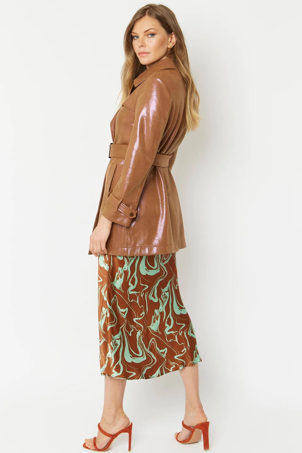 Mocha Metallic Faux Suede Trench Coat-0