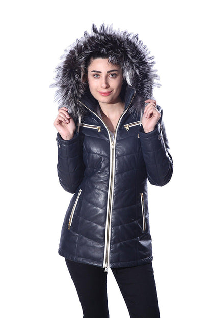 Monica Womens Real Silver Fox Fur Hooded Leather Jacket-6