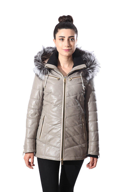 Monica Womens Real Silver Fox Fur Hooded Leather Jacket-5