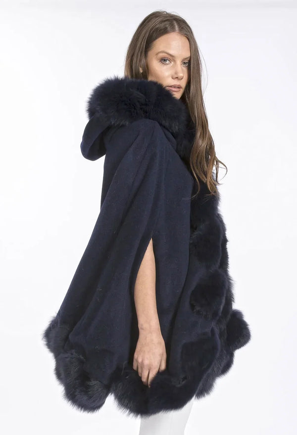 Navy Cashmere Hooded and Fox Fur Cape Coat-1