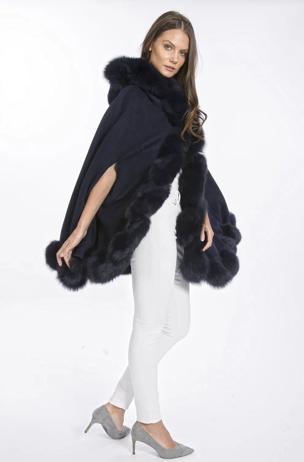 Navy Cashmere Hooded and Fox Fur Cape Coat-2