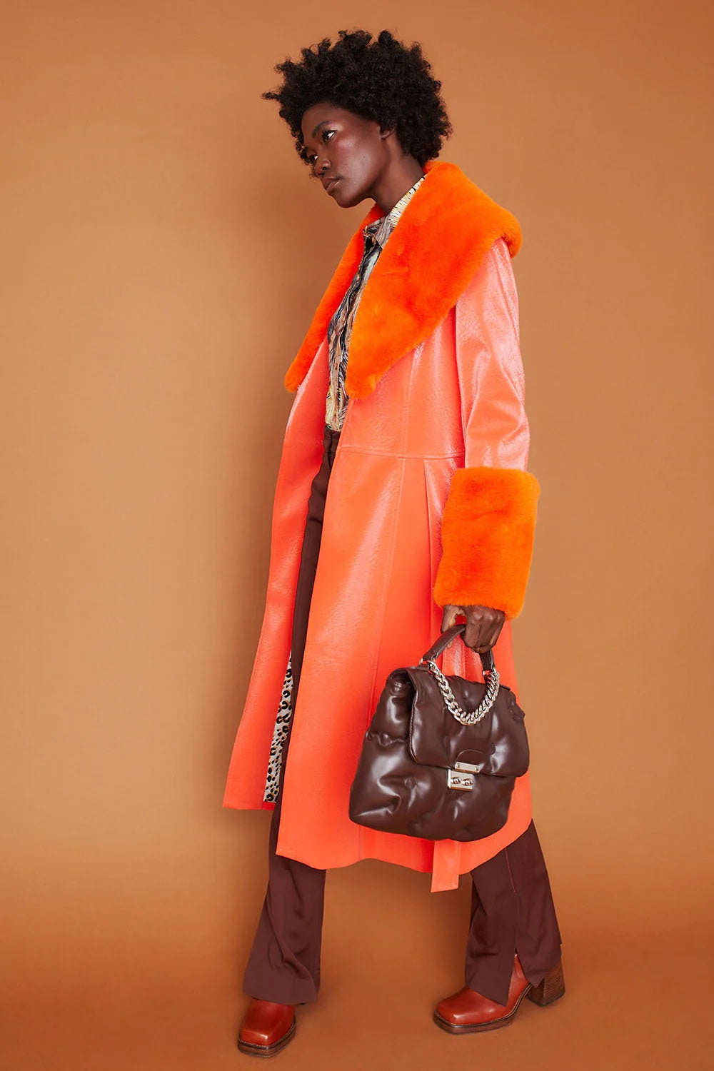 Orange Faux Suede Trench Coat with Faux Fur Collar and Cuffs-2