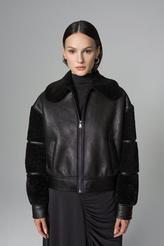 Black Oversized Shearling Leather Jacket-1