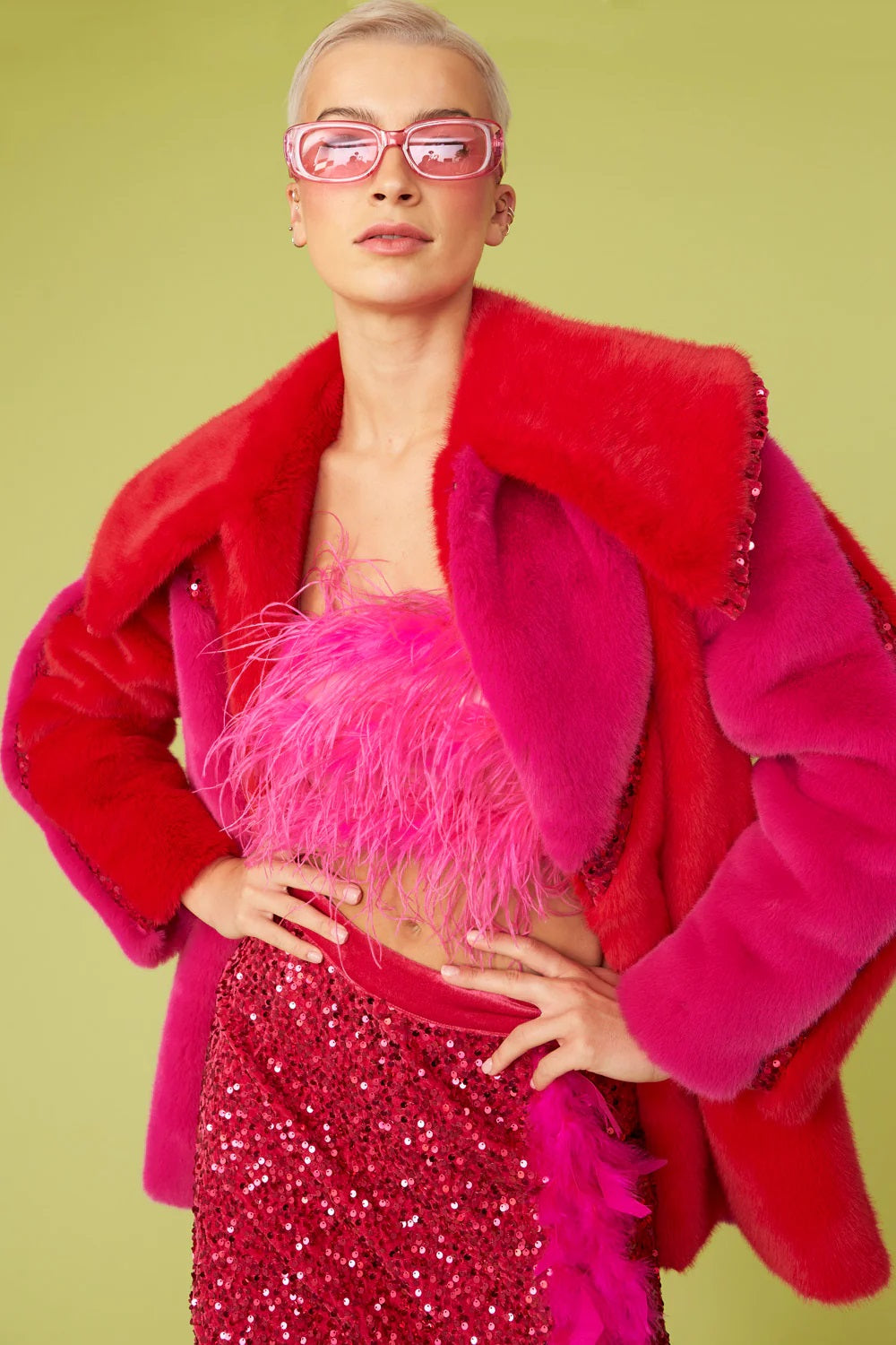 Pink Eco Faux Fur Midi Sequins Star Coat-0