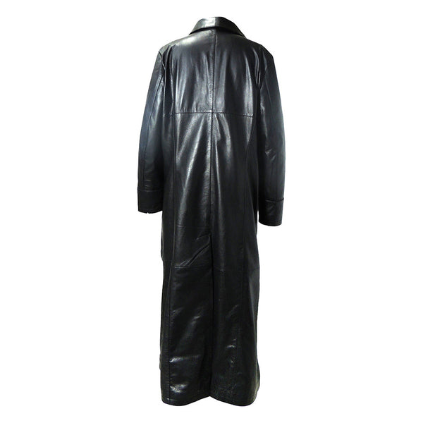 QR Matrix Womens Black Full Long Leather Coat with 3 Buttons-1